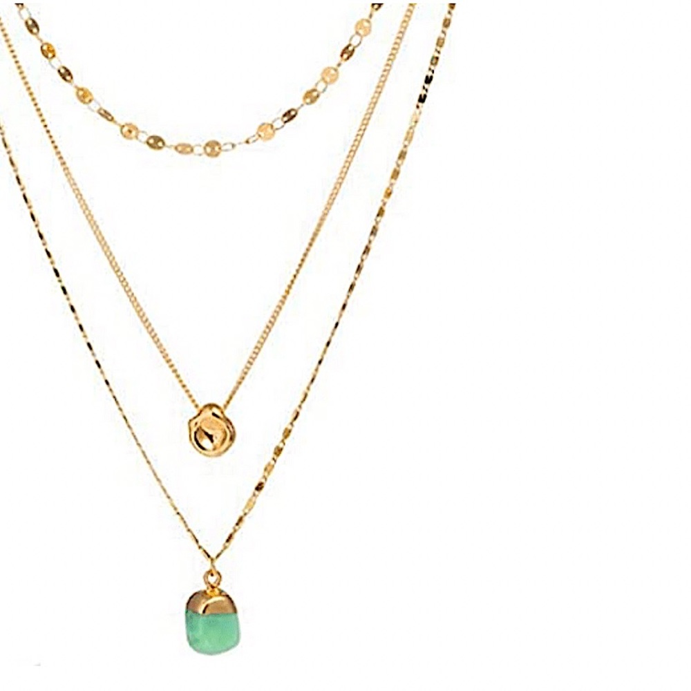 Gold stack necklace with green pendant
